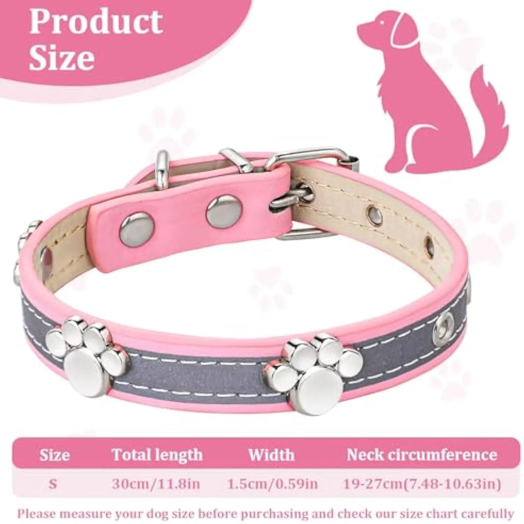 Reflective brown PU leather dog collar with a metal buckle and decorative paw rivet, shown on a size chart.