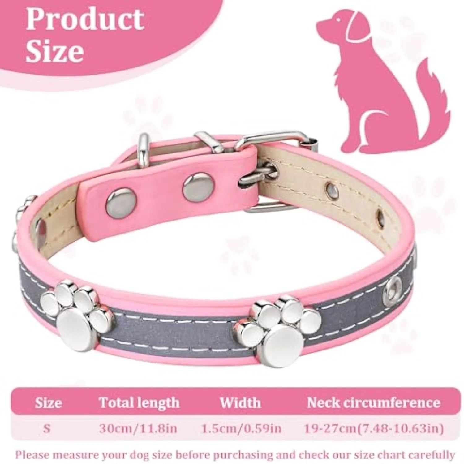 Reflective brown PU leather dog collar with a metal buckle and decorative paw rivet, shown on a size chart.