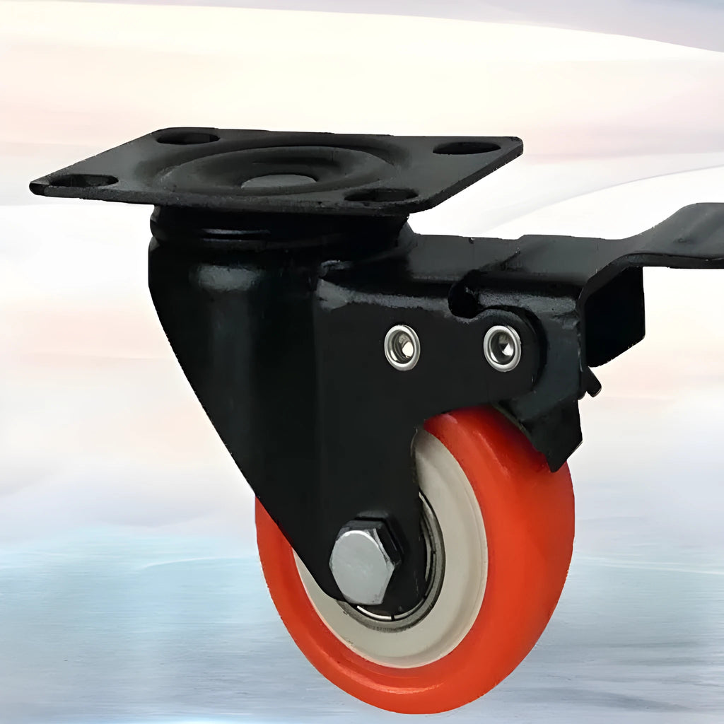 Red double bearing mute universal caster with flat bottom mounting on smooth floor