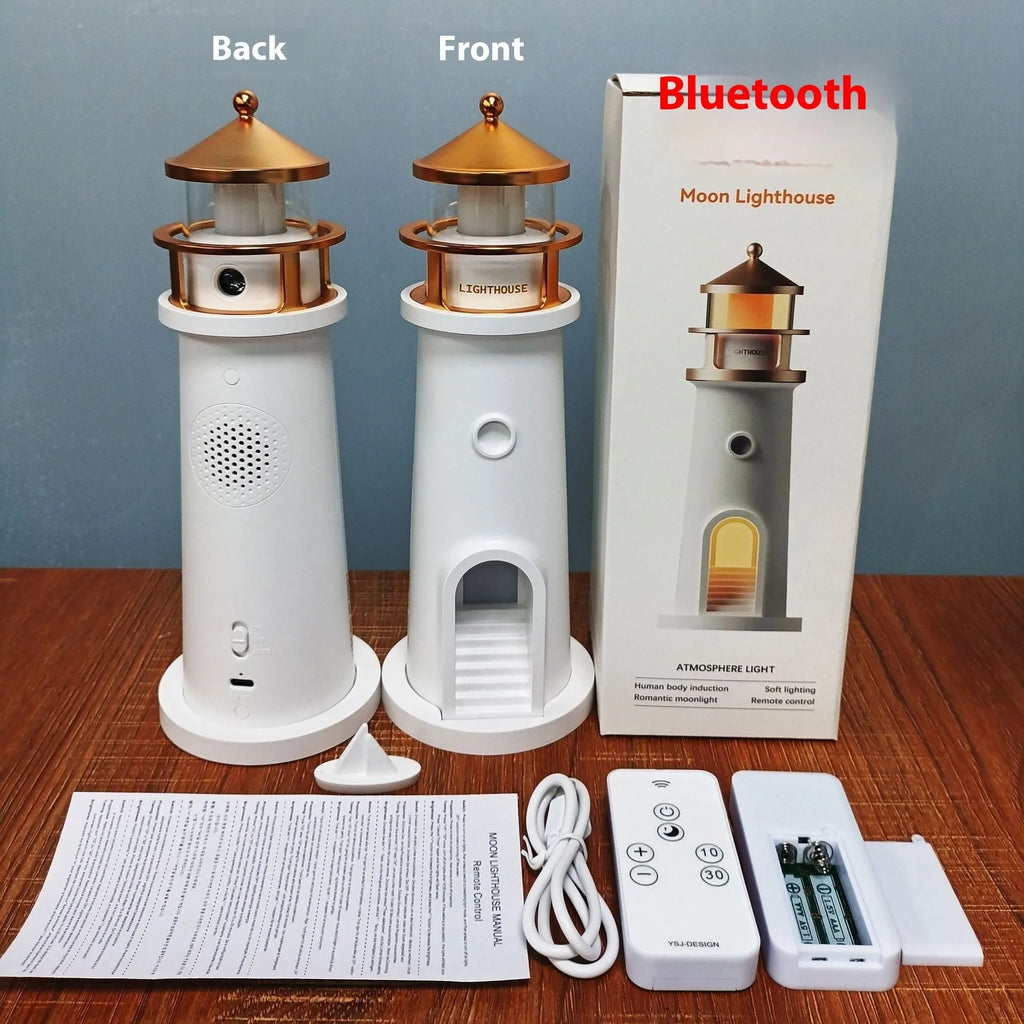 Human body induction moonlight lighthouse table lamp with Bluetooth speaker, 2400mAh battery, geometric modern style on a bedside table