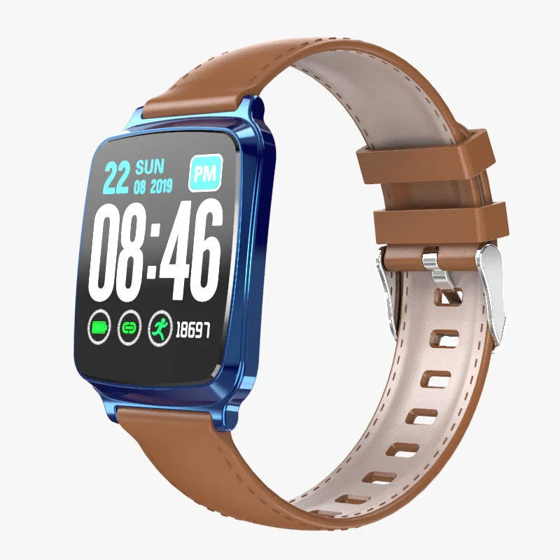 M8 smart fitness bracelet with heart rate monitor on a wrist, shown in black, brown, gold, or silver.