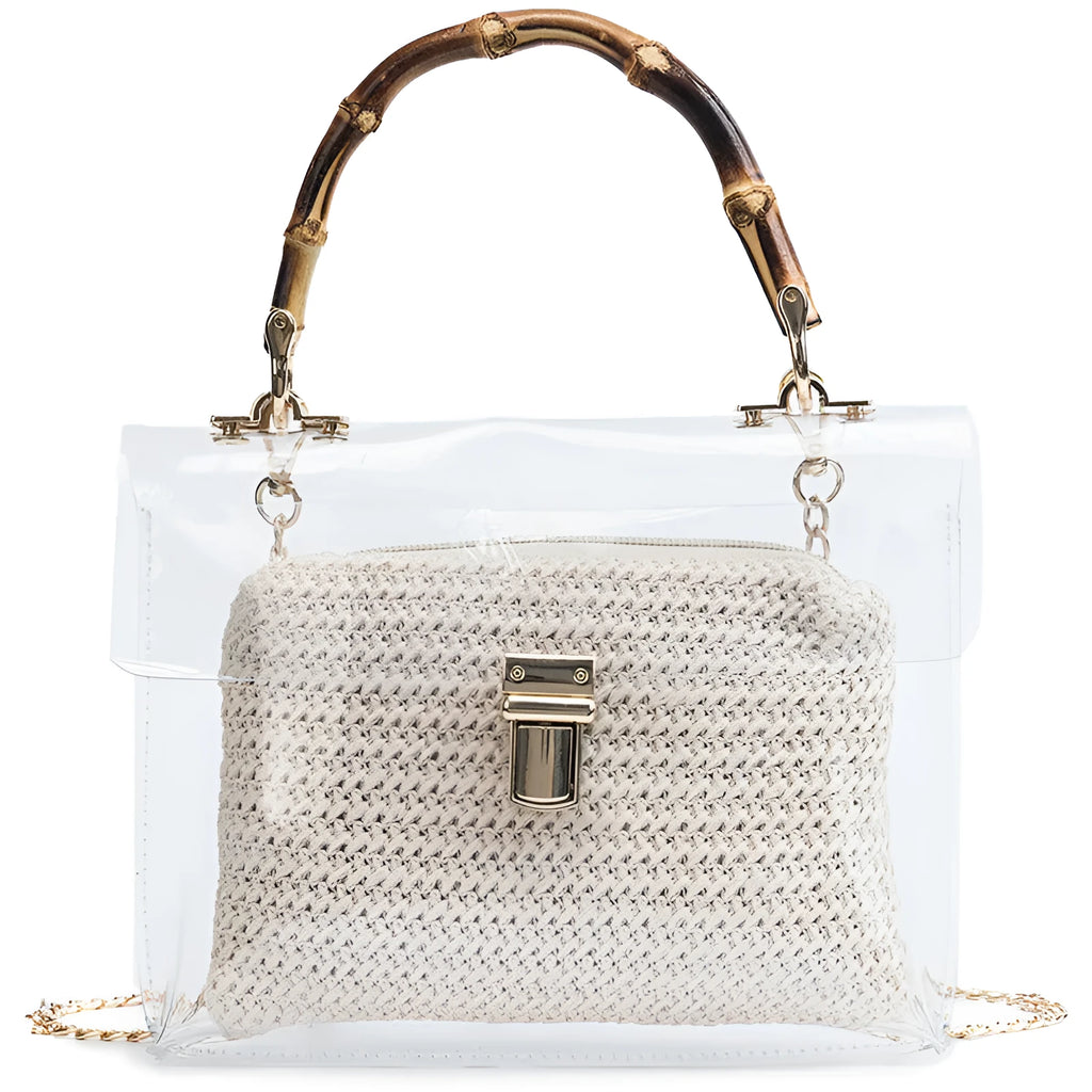 Women's PVC bamboo knot woven crossbody bag with chain decoration in khaki