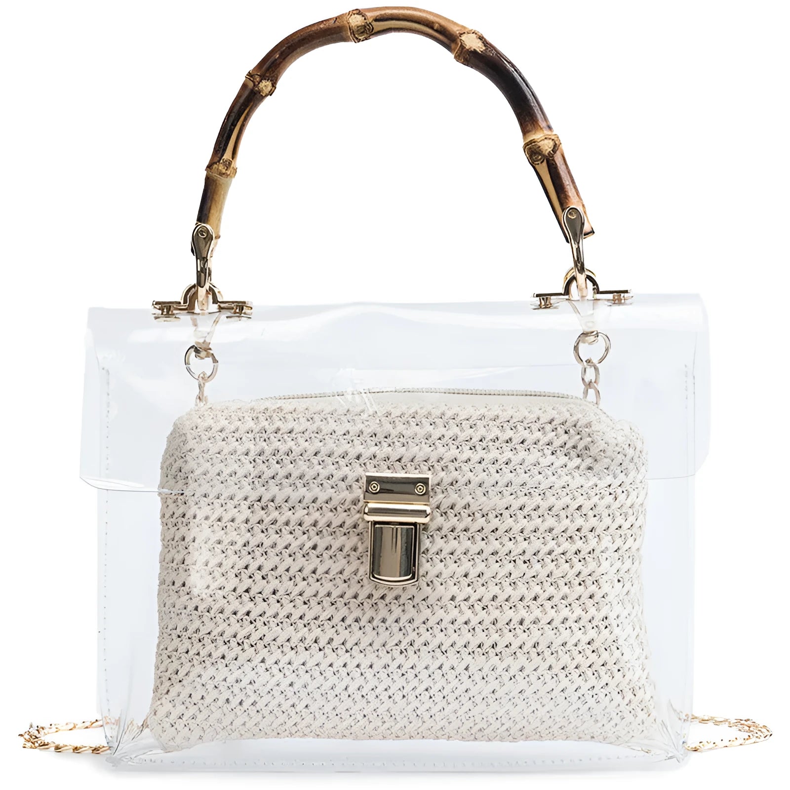 Women's PVC bamboo knot woven crossbody bag with chain decoration in khaki