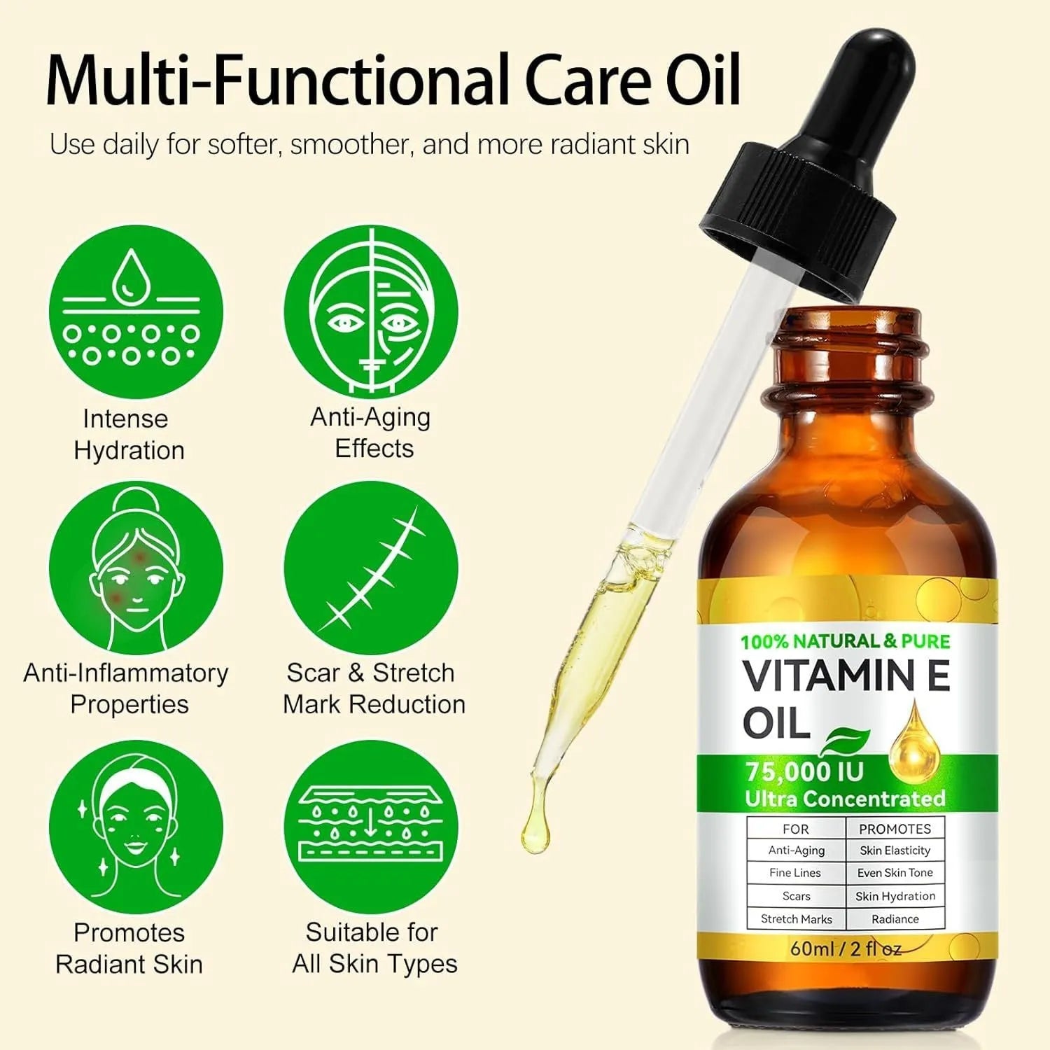 Vitamin E oil 60ml bottle for skincare moisturising, plain label, white cap