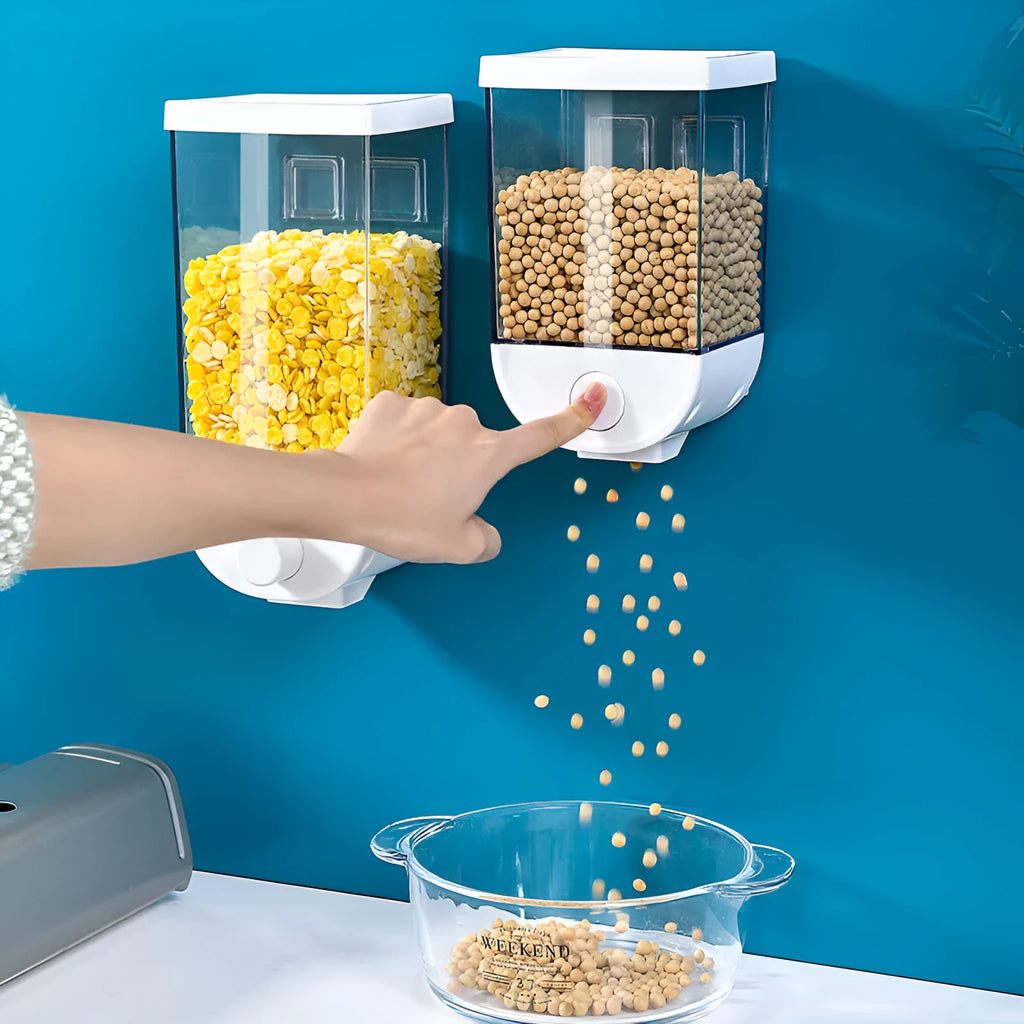 White transparent kitchen food storage container with easy-press cereal dispenser and wall mount