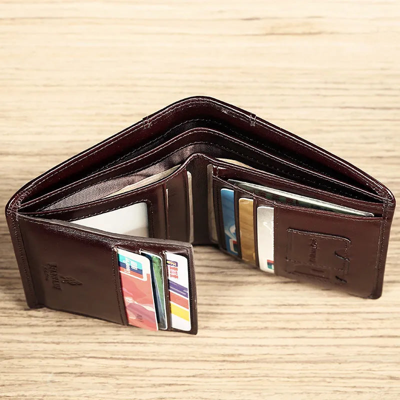 Men's black leather wallet open to show internal card slots, coin pocket, and banknote compartment.