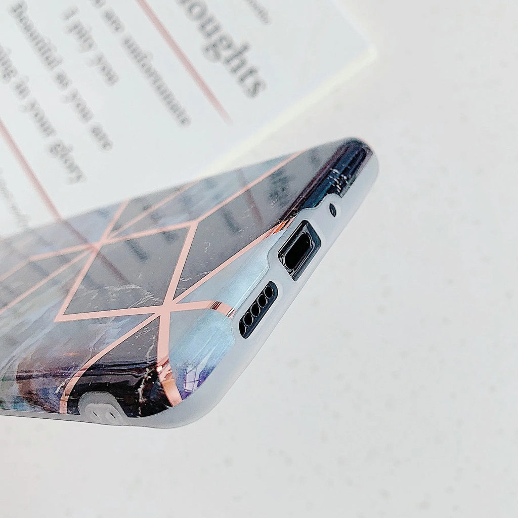 Electroplated marble pattern TPU phone case for Huawei and Samsung smartphones in various colours.