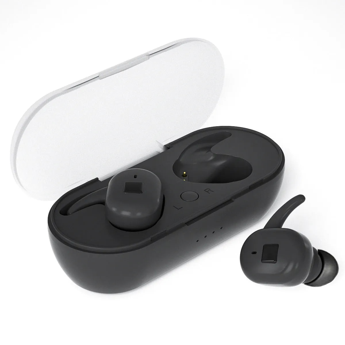 Black Bluetooth 5.0 wireless in-ear earbuds with charging case on white background