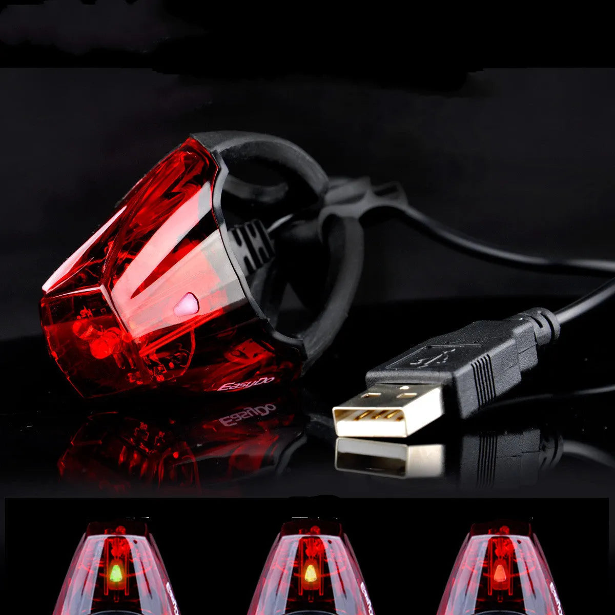Bicycle tail light with 3 LED lamp beads, 3 modes, IPX-4 waterproof, 62x43x38mm, black plastic housing