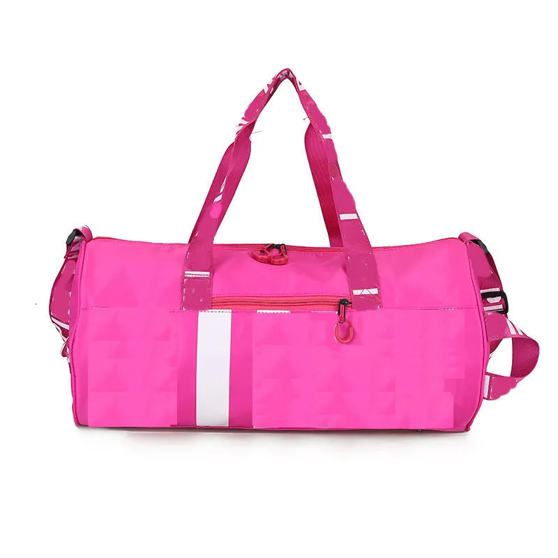 Large nylon fitness bag 20-35L cylindrical travel duffel with zip, soft handle, luggage belt, purple blue black pink grey