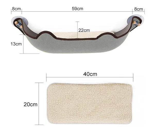 Grey felt cloth cat hammock fixed to a window with three suction cups, 59x22x13cm