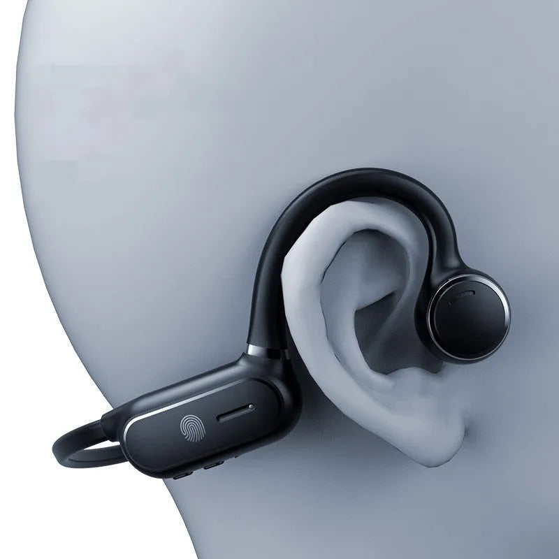 Black air conduction Bluetooth earphone with titanium wire frame shown bent for hanging