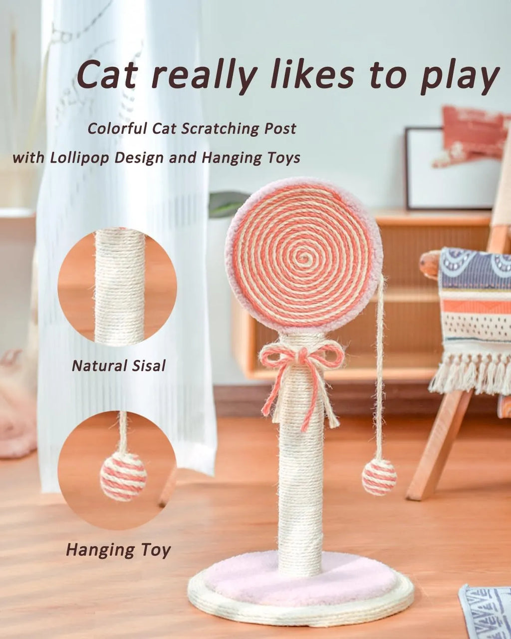Blue cat scratching post with natural sisal rope and a dangling yellow ball on a sturdy wooden base