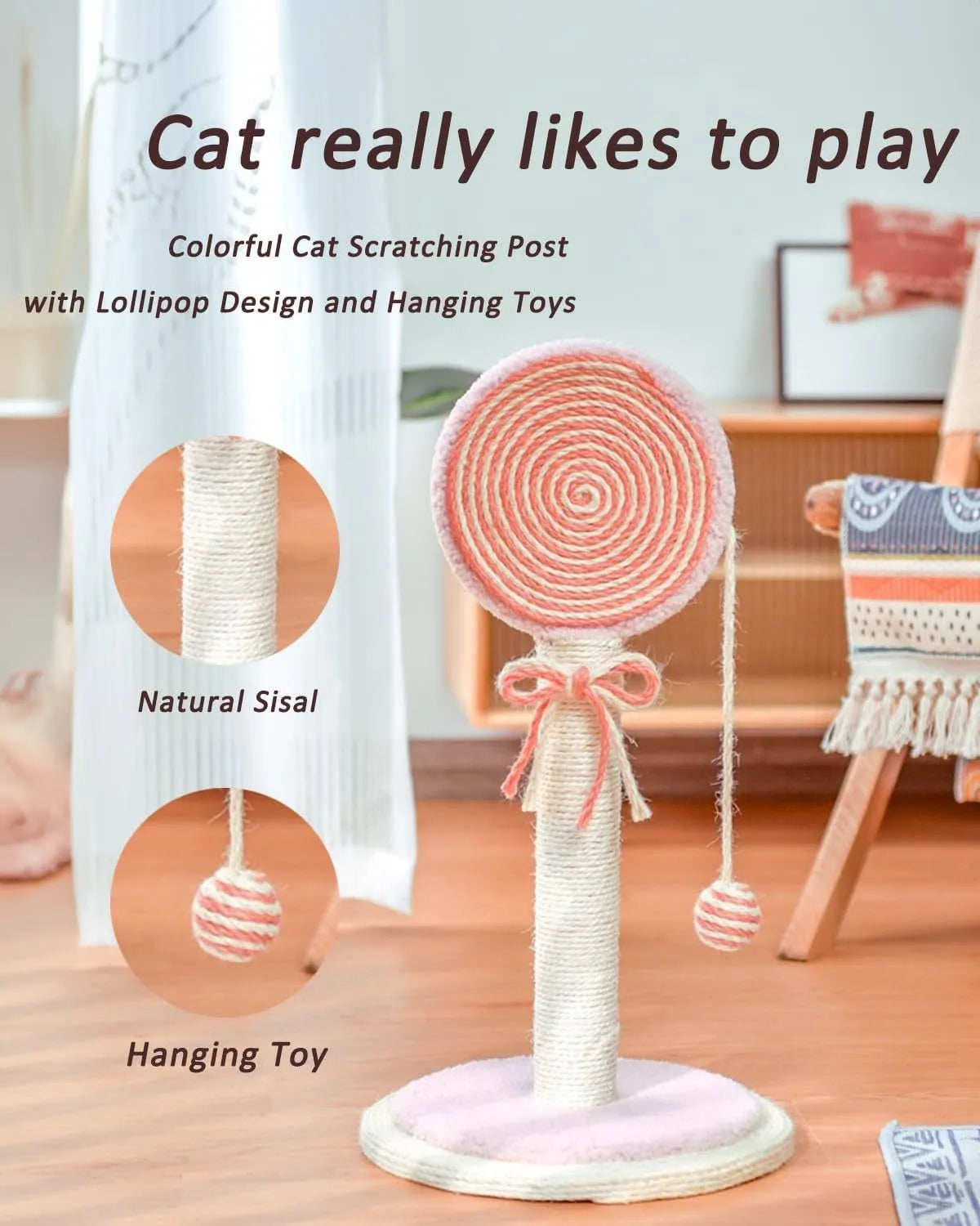 Blue cat scratching post with natural sisal rope and a dangling yellow ball on a sturdy wooden base