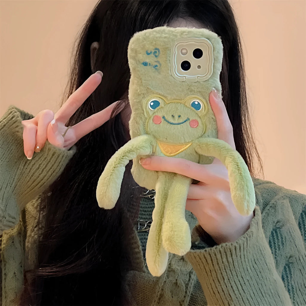 Green flannel cartoon frog phone case with pull-out wave bracket stand for Huawei and iPhone models.