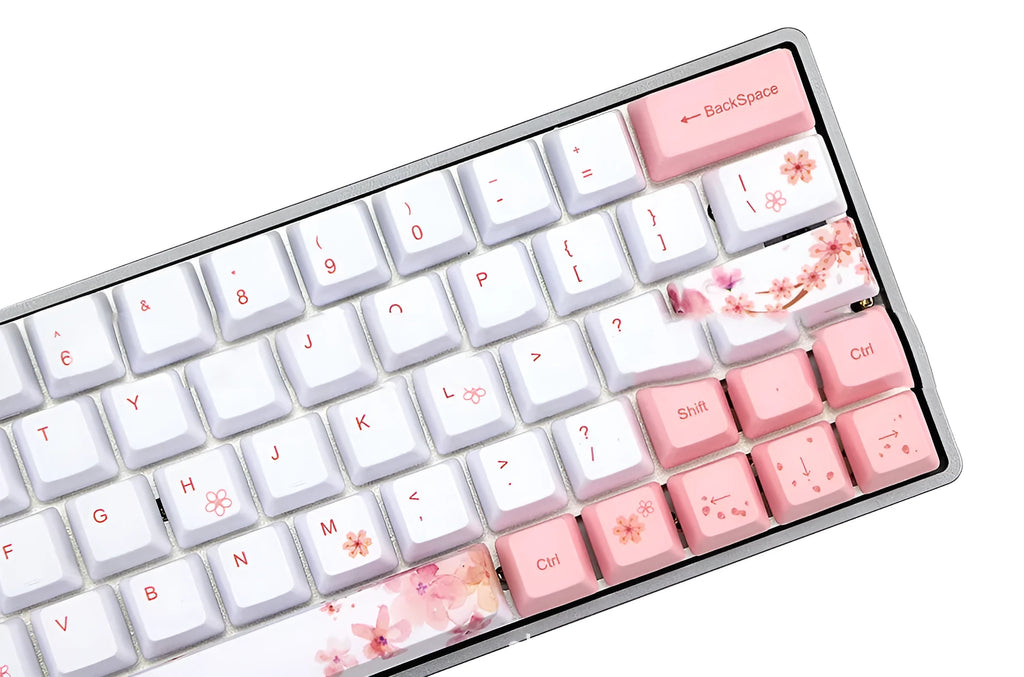 Pink PBT mechanical keyboard keycaps with white dye-sublimation legends on black background