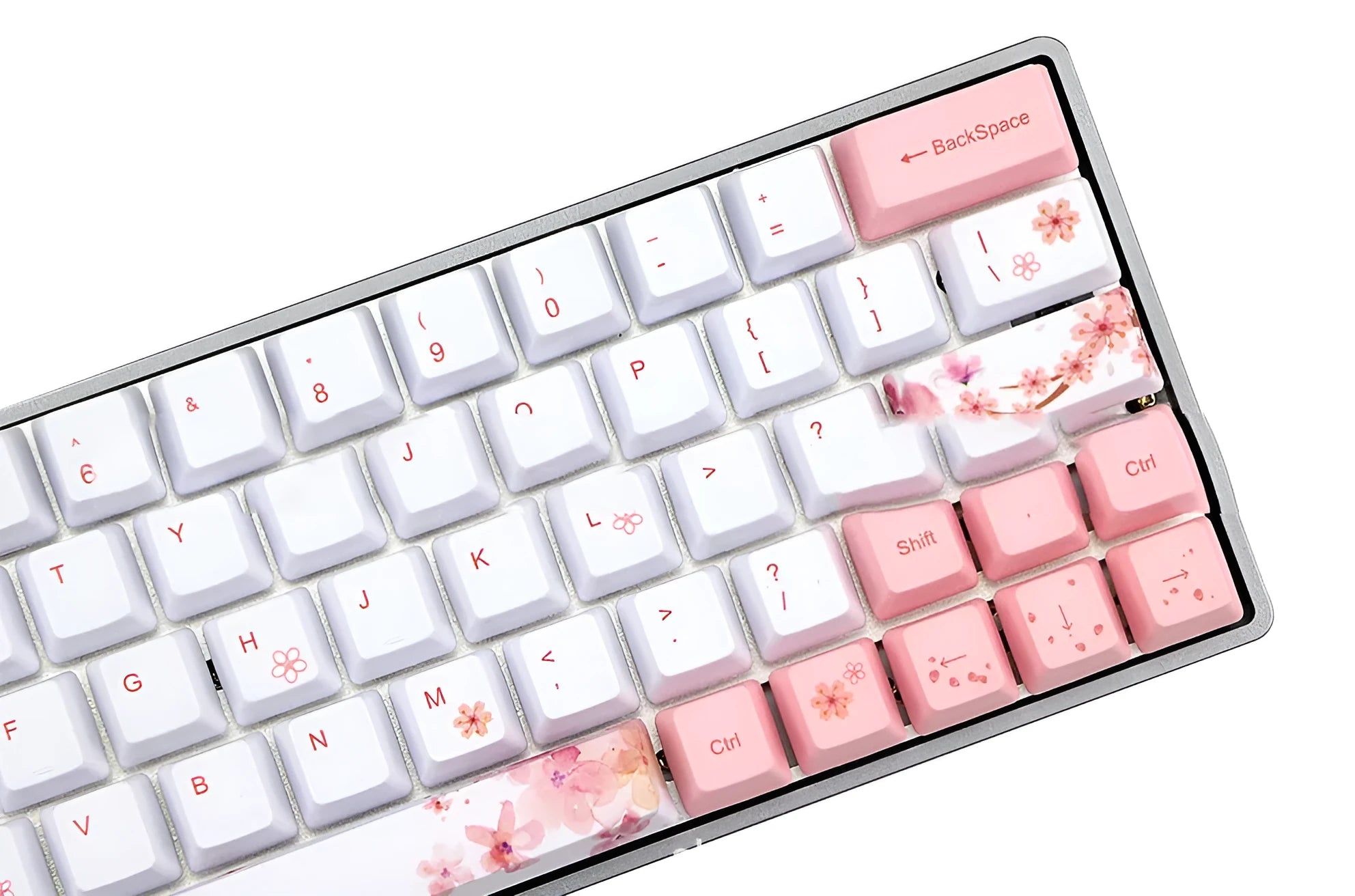 Pink PBT mechanical keyboard keycaps with white dye-sublimation legends on black background