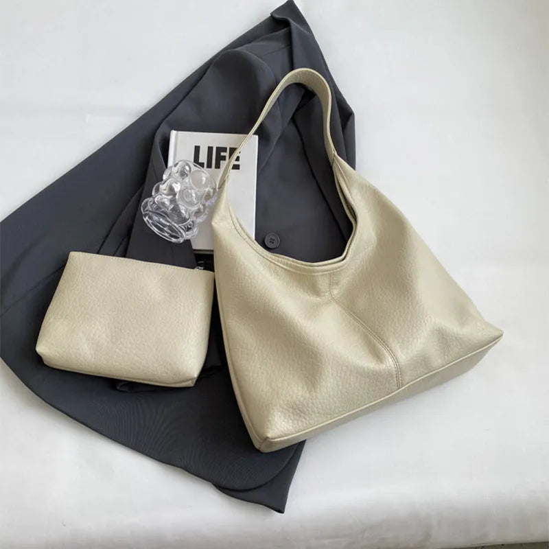 Two women's underarm shoulder bags in beige and brown, with small wallet, soft PU leather, horizontal square shape