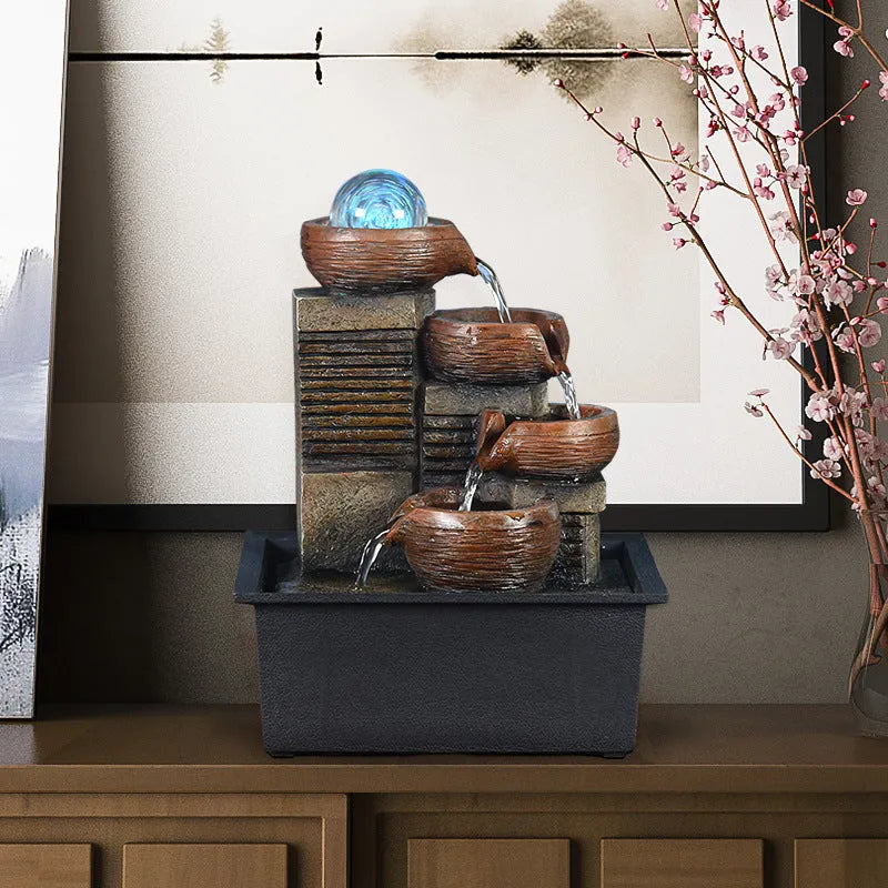 European desktop fountain with running water, crystal ball and carved environmental resin and stone powder body