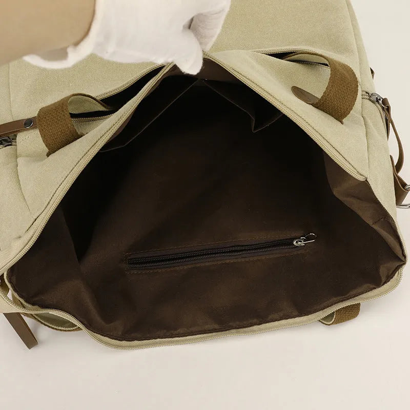 Horizontal square retro canvas bag for women in gray, black, brown, or khaki with internal organisation pockets