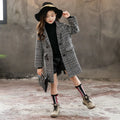 Grey houndstooth check winter coat for girls with a suit collar and long sleeves.