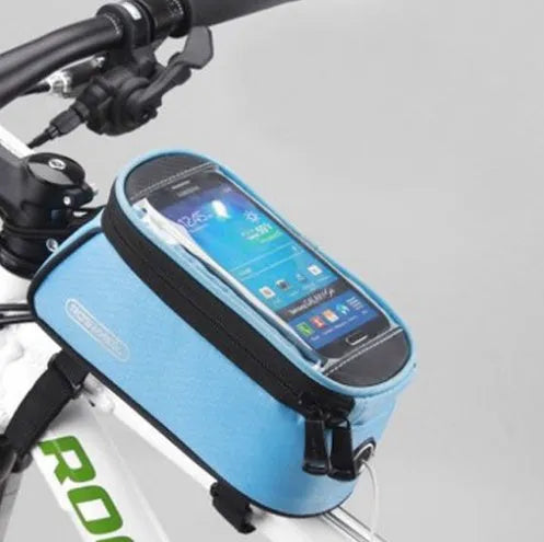 Waterproof PVC bicycle frame phone bag in black, mounted on bike with iPhone inside