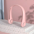 Pink bladeless USB rechargeable neck fan being worn, showing adjustable controls.