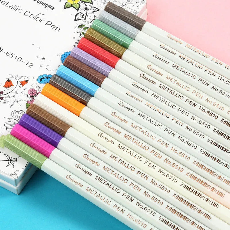 Boxed set of coloured metallic pens with plastic shells for office and stationery use.