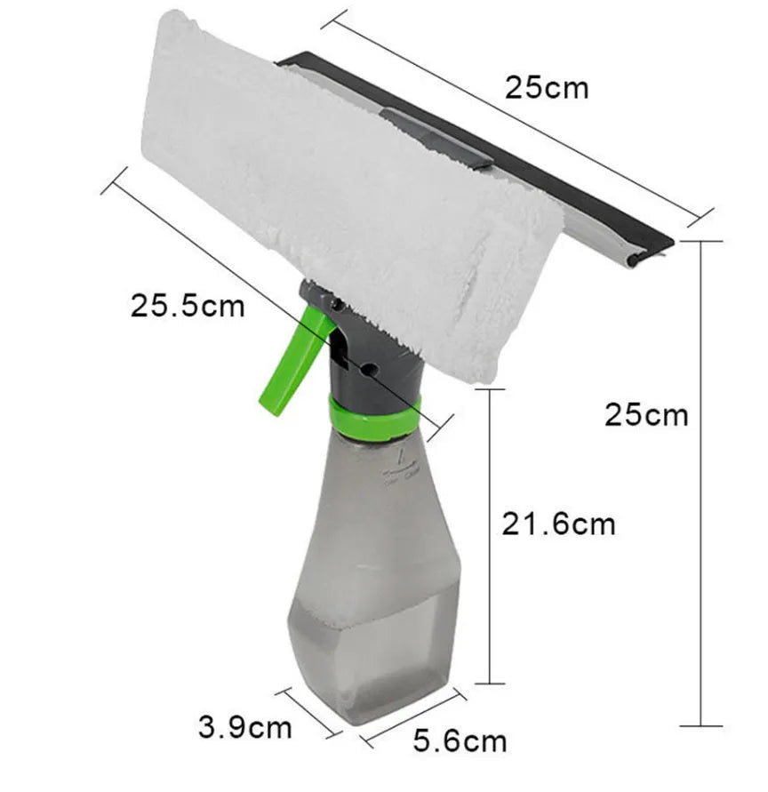 3-in-1 handheld car cleaning brush with spray bottle, microfibre cloth, and silicone squeegee on a glass surface