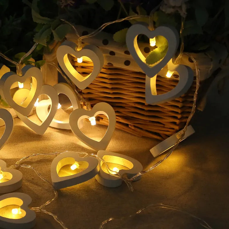 Wooden love lantern string with warm white LED lights hung on a fence, 1.5m length, battery box and USB control