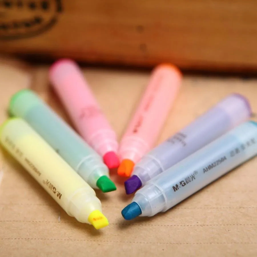 Six colour highlighter set showing yellow, pink, blue, green, orange, and purple pens with oblique tips