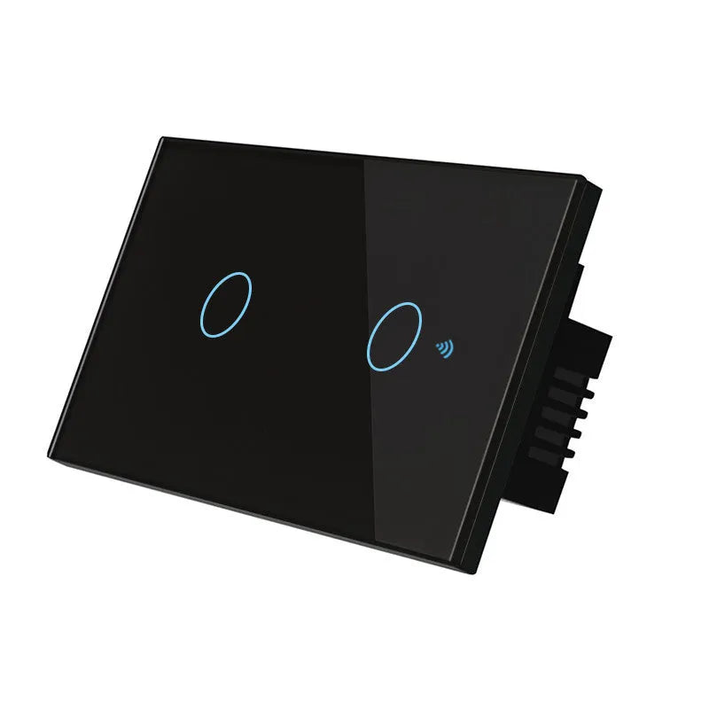 White 2-gang tempered glass touch light switch panel with LED indicators for wall mounting.