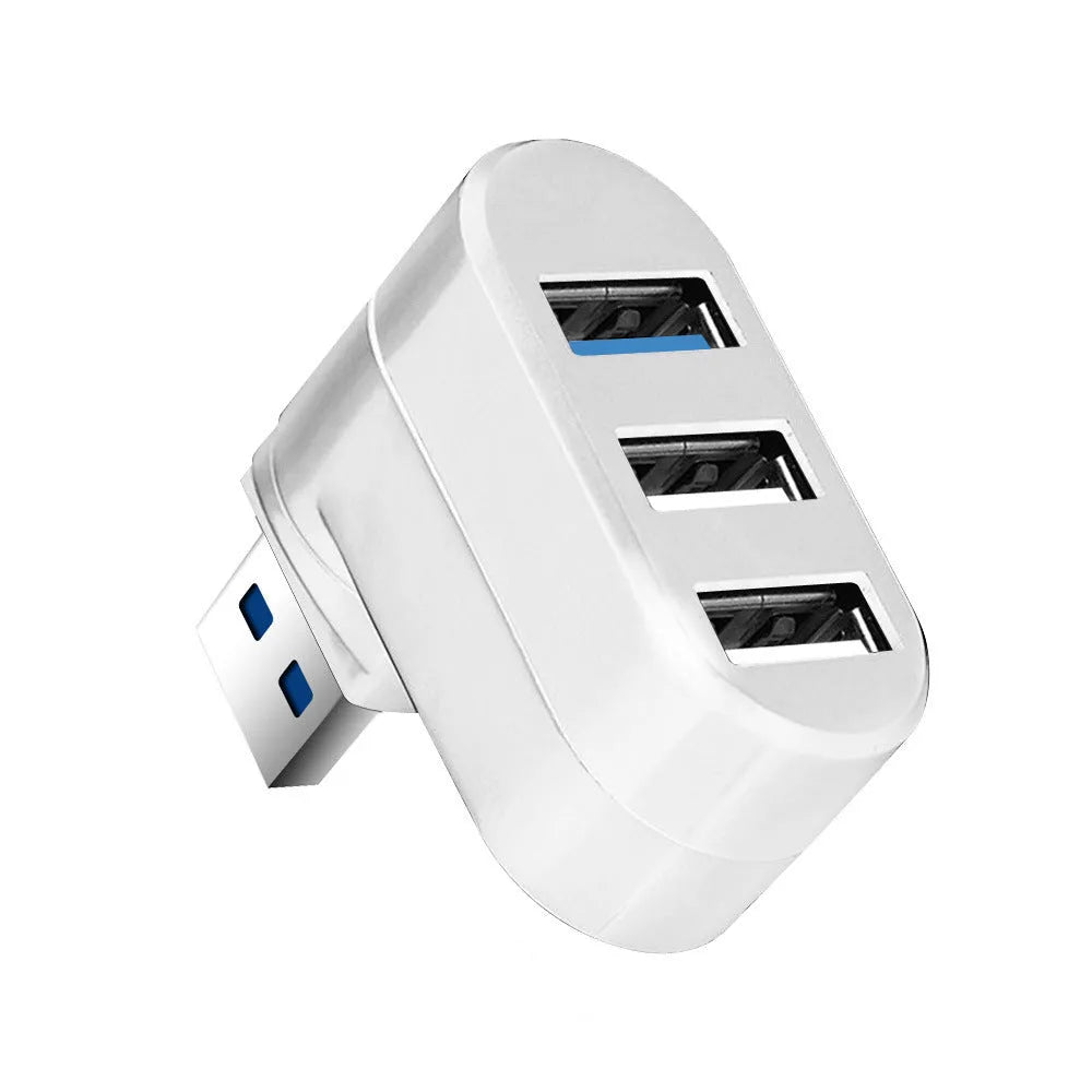 Black or white USB 2.0 rotary splitter hub with four ports on a blister card.