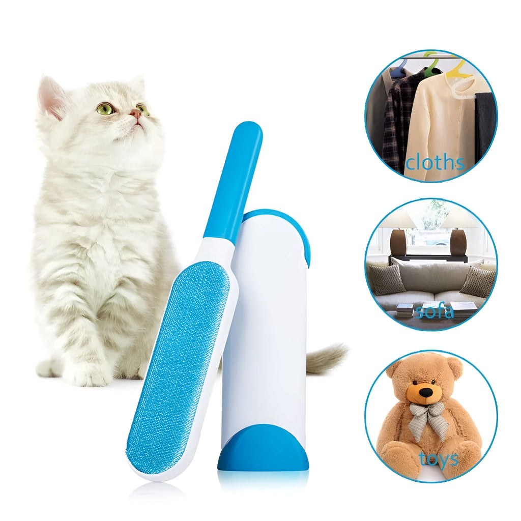 Blue reusable pet hair removal comb with double-sided sticky brush next to its self-cleaning base.