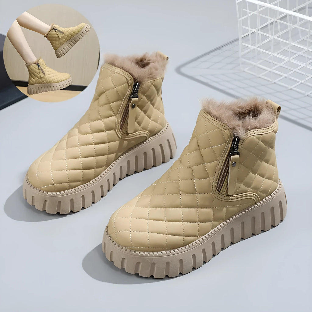 Women's plaid pattern platform ankle boots with side zipper and plush lining in khaki