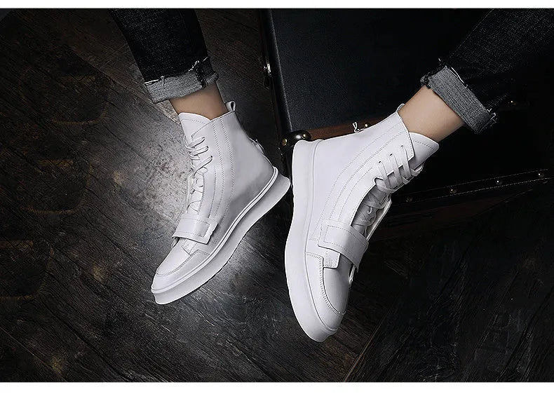 Men's black and white PU leather ankle boots in high-top sneaker style with winter boot design