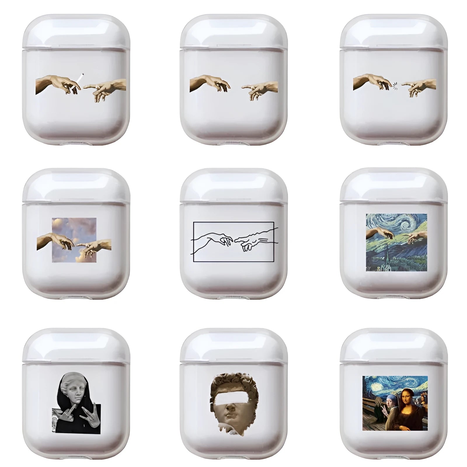 Clear transparent plastic protective cover for Apple AirPods case.