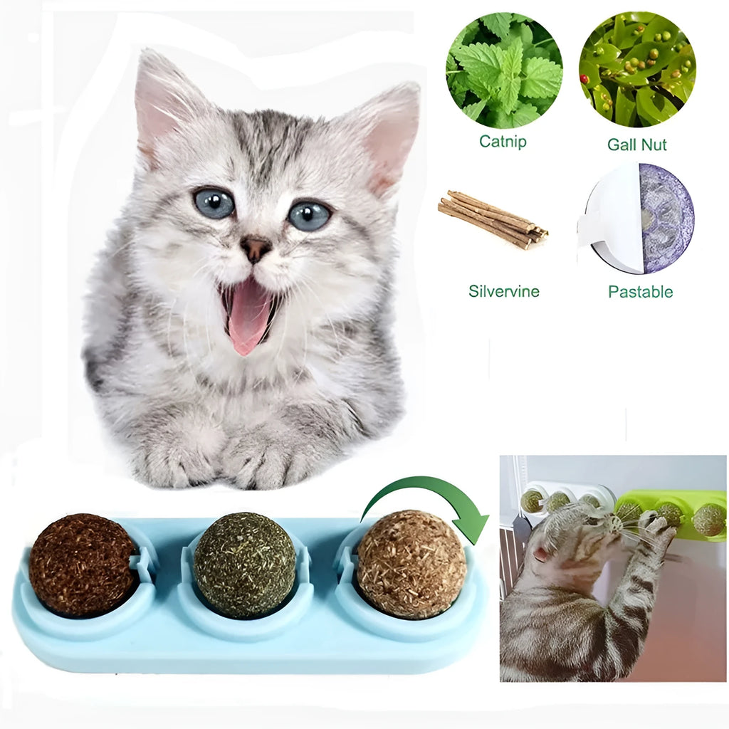 Self-adhesive rotated catnip lick ball for cats in blue, green, pink, white, mint, red colours with natural ingredients