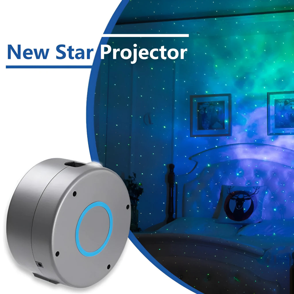 Grey starry sky projection lamp with remote control on a table, projecting colourful light dots on a dark wall.