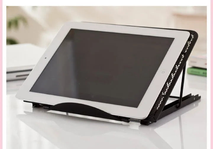 Cold-rolled steel adjustable laptop and tablet stand in multiple colours, shown folded and unfolded.