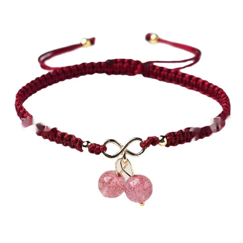 Natural strawberry quartz cherry bracelet with crystal fruit charms for women