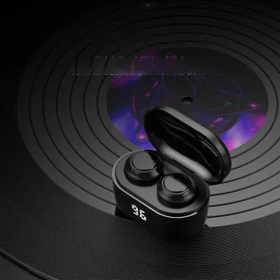 Black wireless stereo Bluetooth headset with earplug design shown with NFC symbol.