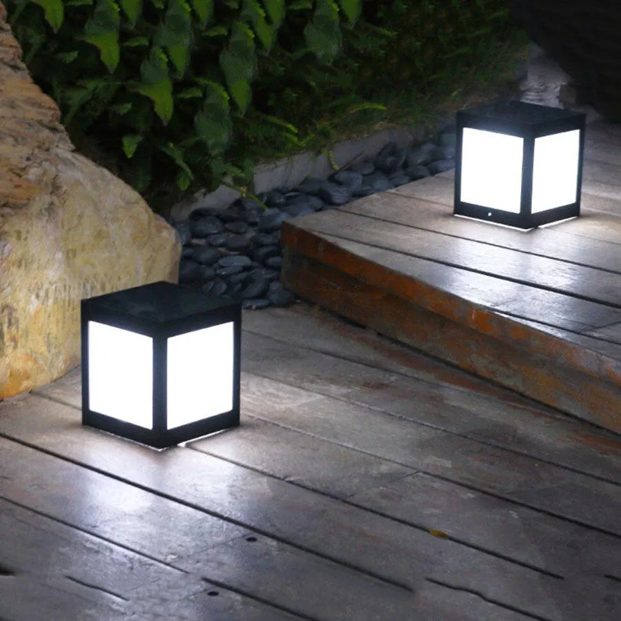 Set of solar-powered waterproof garden lights in various styles for outdoor use.