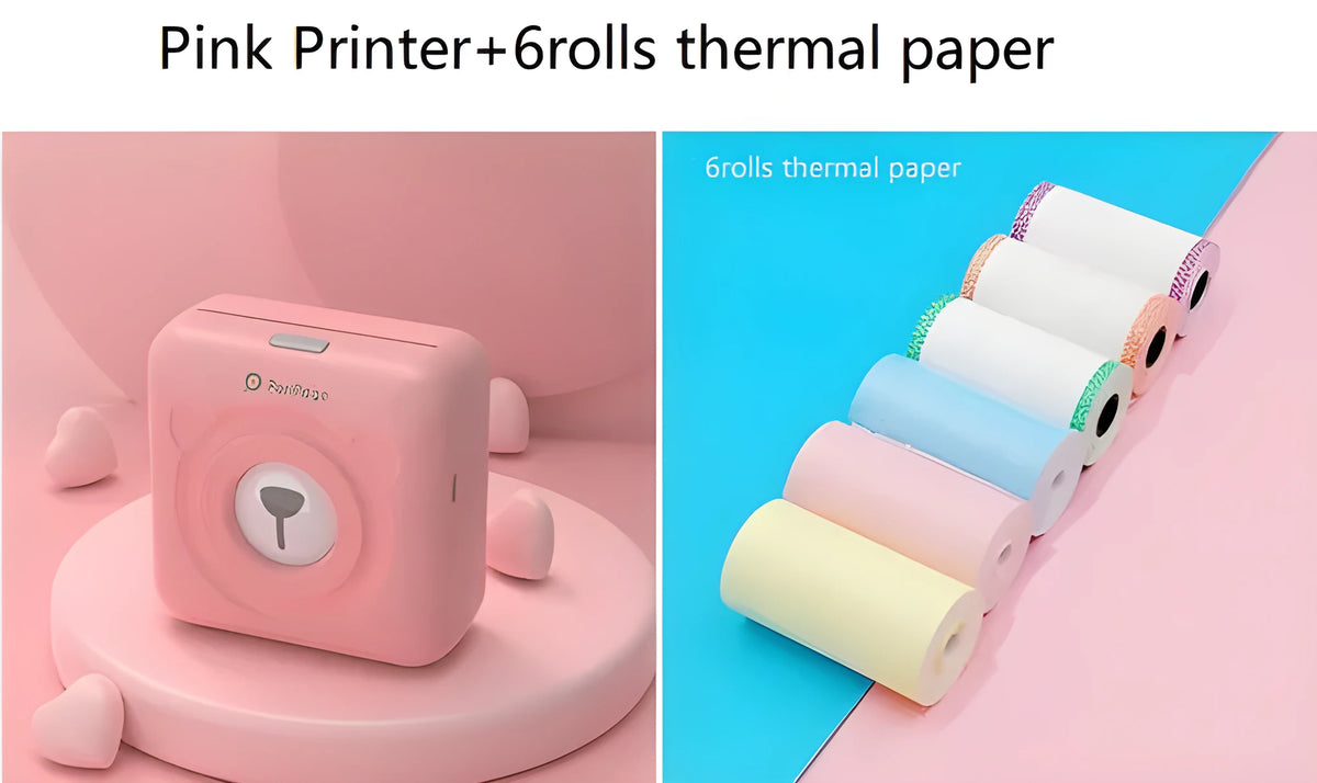 Mini Bluetooth wireless thermal printer in white, pink, and blue, 79x42x79mm, for printing photos from smartphone