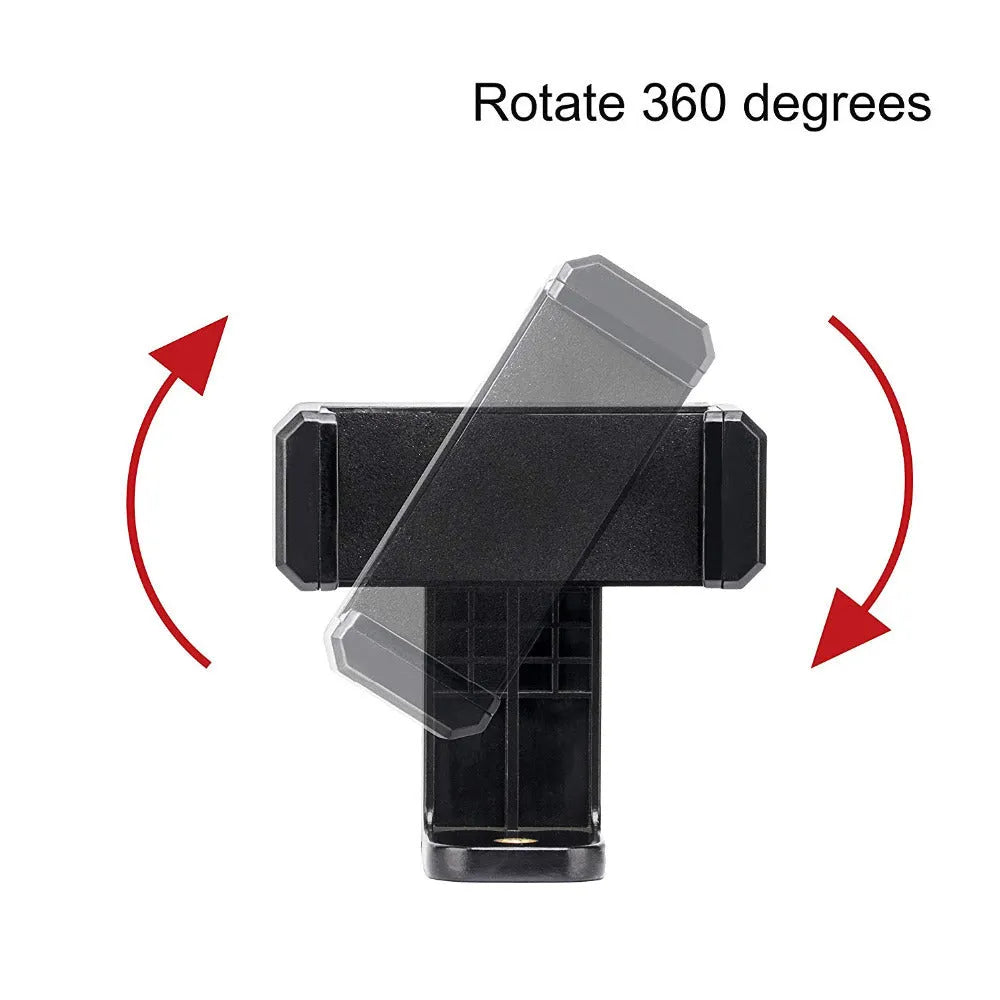 Black plastic single phone holder with rotating clamp on a wooden desk.