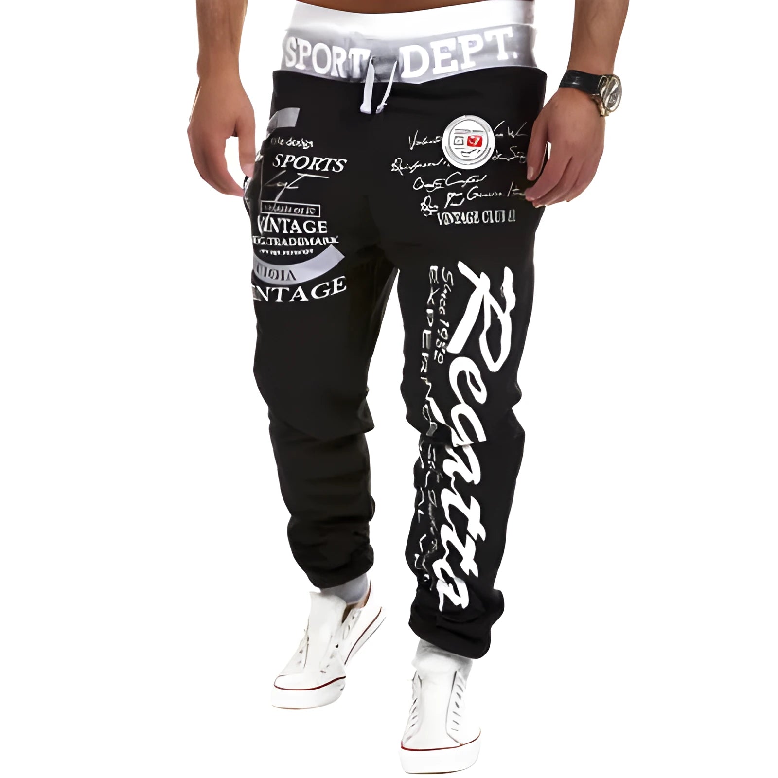 Drawstring loose track pants in black and white with elasticated waistband and adjustable drawstring, available in multiple sizes.