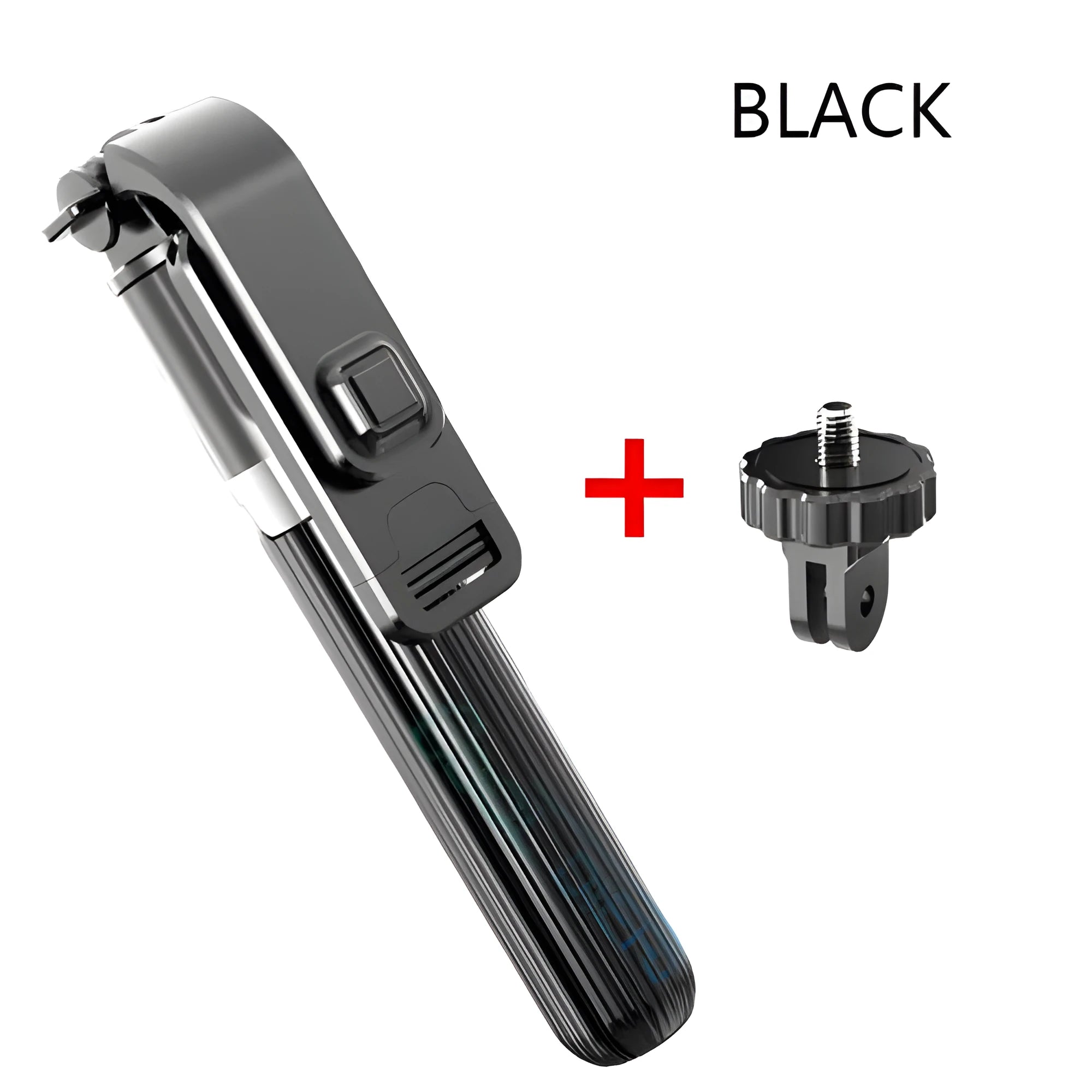 Black aluminium phone tripod selfie stick fully extended to 700mm next to an iPhone.