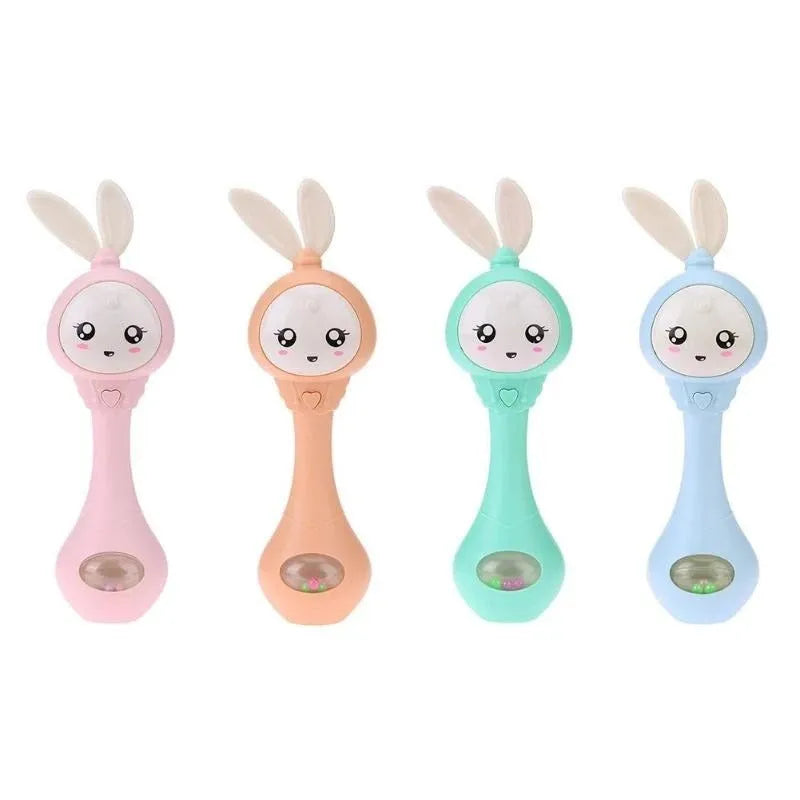 Baby musical teething stick toy in light blue, mint green, orange or pink with safe ABS plastic chewing surfaces