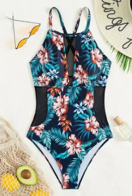 Women's deep V-neck one-piece swimsuit in solid colour or gradient print with polyester lining
