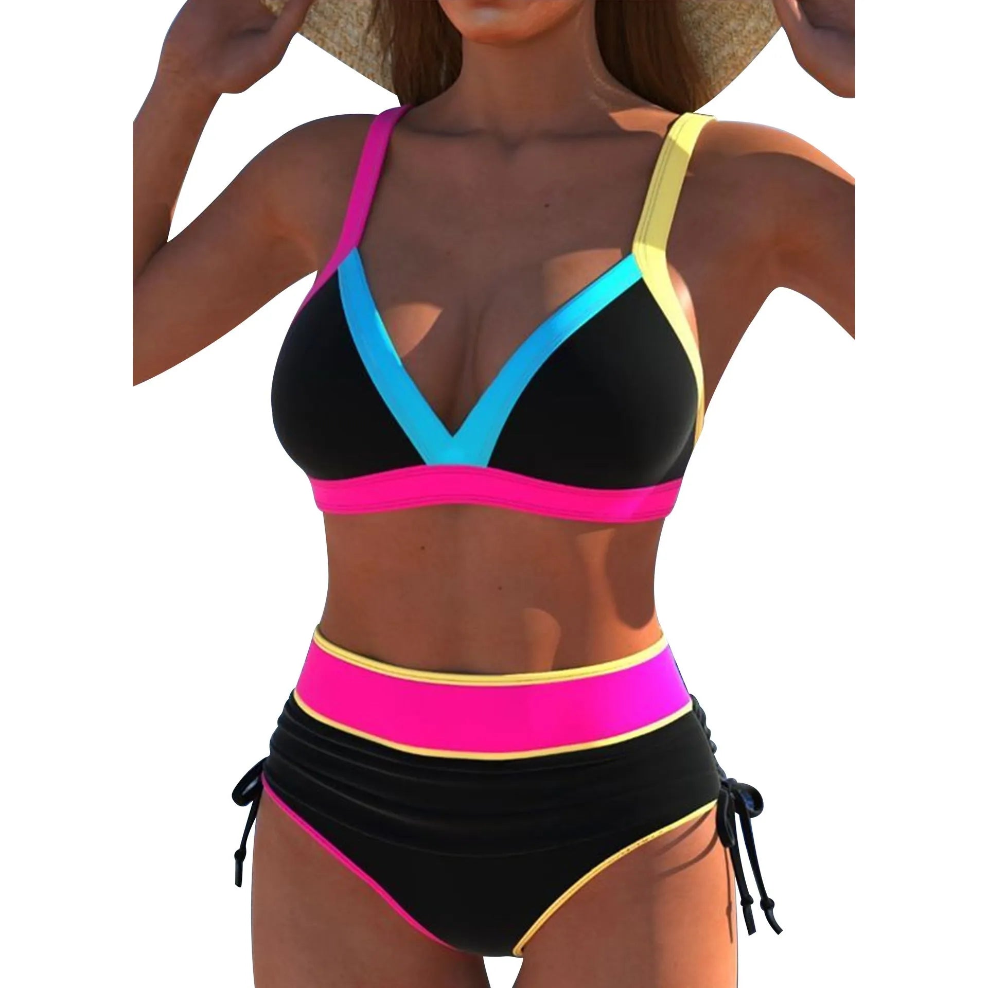 High waist bikini women's casual split swimsuit in black, nylon spandex, sizes S to XXL